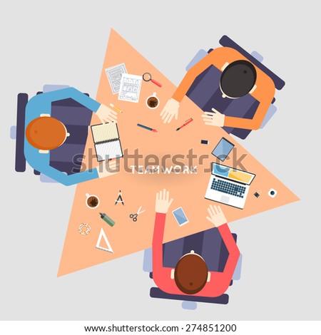 Business meeting and brainstorming. Team work. Business strategy, planning, analytics, management, consulting, meeting, career. Development process. Top view. Flat design illustration.