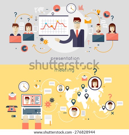 Businessman giving a presentation. Business meeting. People talking on-line. Teamwork analyzing project on business meeting. Hands and laptop. Top view. Flat design vector illustration.