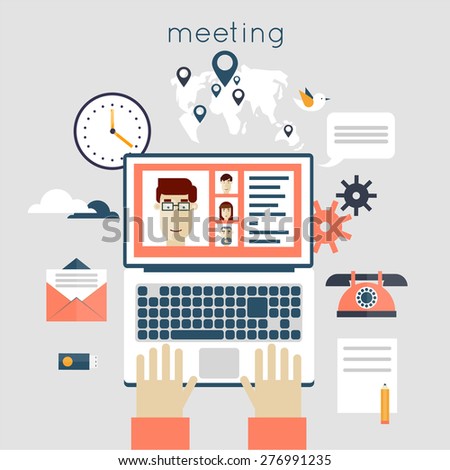Business meeting. People talking on-line, working at the computers. Teamwork analyzing project on business meeting. Hands and laptop. Top view. Flat design vector illustration.