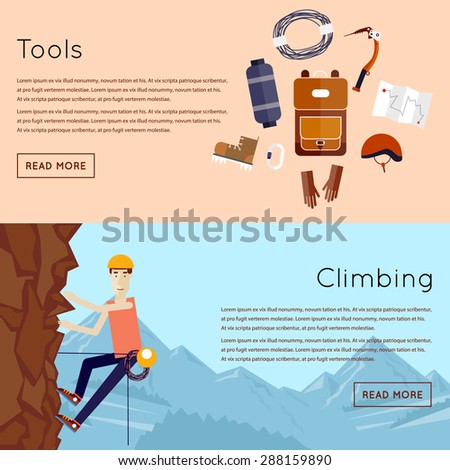 Mountaineer. Mountain climbing. Rock climber. Extreme sport. 2 banners. Flat style vector illustration.