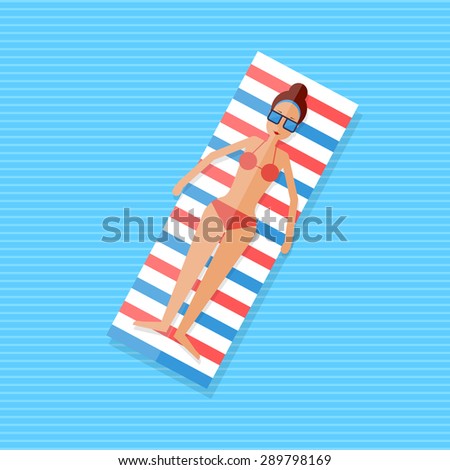 Girl lying on an inflatable mattress on the sea. Planning summer vacations. Summer holiday. Tourism and vacation theme. Flat design vector illustration.