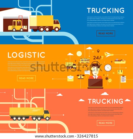 Freight transportation, operator complex service, global transportation, logistic, delivery services. 3 web banners and promotional materials flat design.