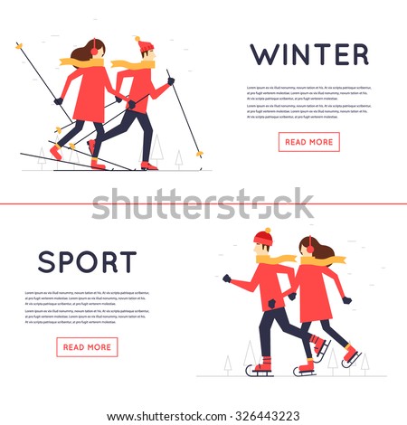 Man and woman skiing and skate, winter sport, leisure winter. Flat design vector illustration.