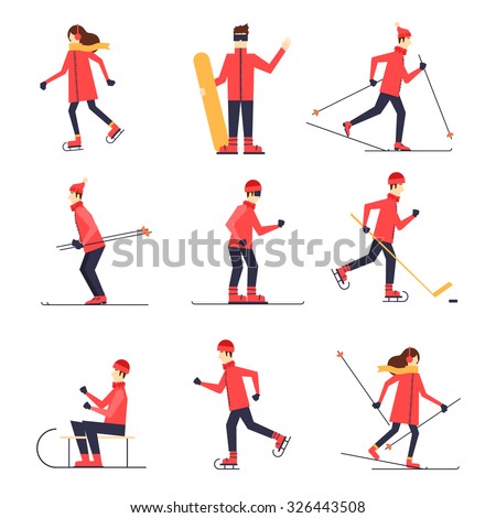 People involved in winter sports skating, skiing, snowboarding, hockey, sled. Flat design vector illustration.