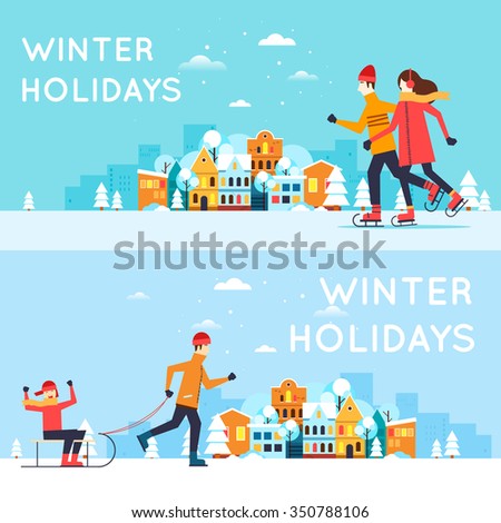Couple skates, a man sledding child. Winter cityscape, winter fun, winter vacation, winter sports, outdoors. New year. Flat design vector illustration.