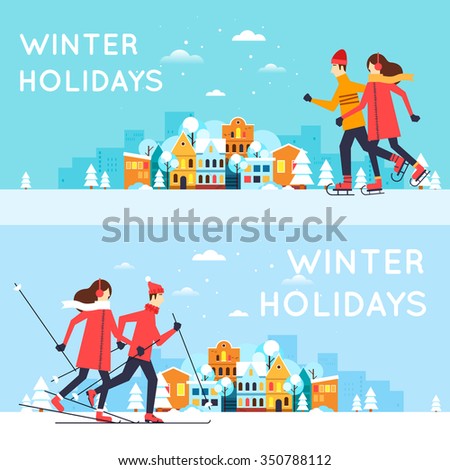 Couple skating and skiing. Winter cityscape, winter fun, winter vacation, winter sports, outdoors. New year. Flat design vector illustration.