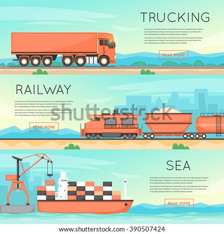 Cargo transportation by road, train, and ship. Logistic concept, cargo transportation, freight. Flat vector web banners.