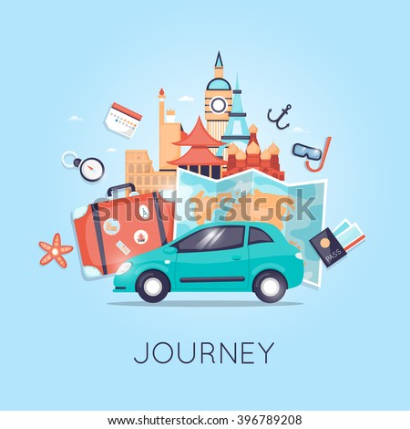 Travel by car Russia, USA, Japan, France, England, Italy. World Travel. Planning summer vacations. Summer holiday. Tourism and vacation theme. Flat design vector