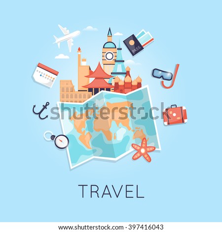 Travel Russia, USA, Japan, France, England, Italy. World Travel. Planning summer vacations. Summer holiday. Tourism and vacation theme. Flat design vector