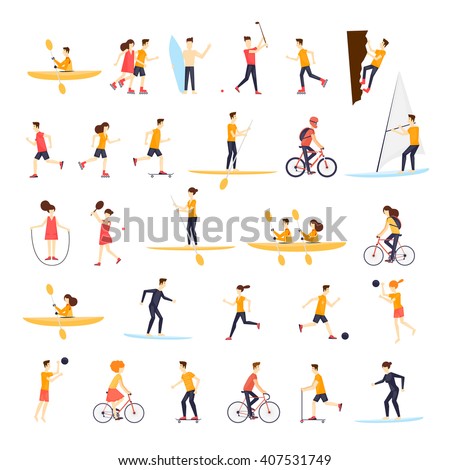 Physical activity people engaged in outdoor sports, running, cycling, skateboarding, roller skating, kayaks, tennis, sailing, surfing, summer. Flat design vector illustration.