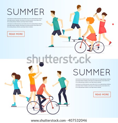 Physical activity people engaged in outdoor sports, running, cycling, skateboarding, roller skating, summer. Flat design vector illustration. Banners.