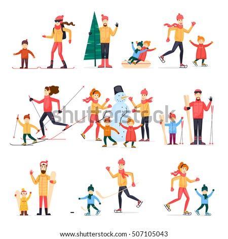 Winter sports with adult children. Skiing, skating, snowboarding, hockey. Snowman. Characters. Flat design vector illustration.