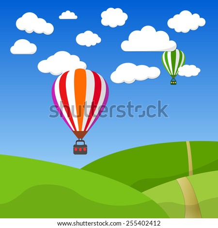 Illustration of Cartoon Retro Air Balloon On Blue Sky with Green Field Background Template