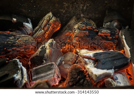 Photo of Hot Red, Orange and Black Burning Wood Charcoal Coal for BBQ Party, Grill Meat