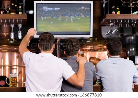 Watching A Soccer Match. Rear View Of Three Happy Men Watching A Soccer Match And Gesturing While Sitting In Bar