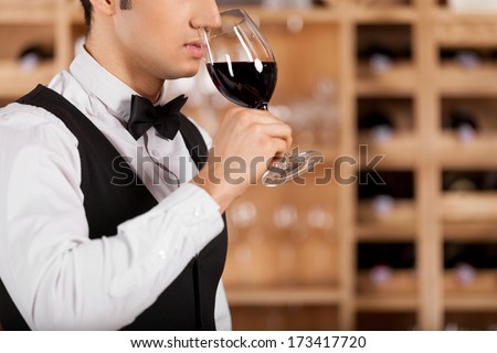 Smelling a good wine. Cropped image of confident young sommelier standing in front of shelf with wine bottles and keeping arms crossed