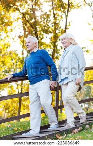 Confident senior couple. Full length of happy senior couple holding hands and moving down by wooden staircase