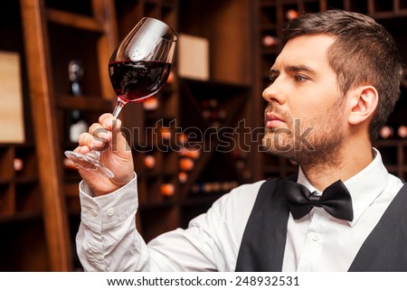 This wine is just perfect. Confident male sommelier examining glass with wine while standing near the wooden shelf