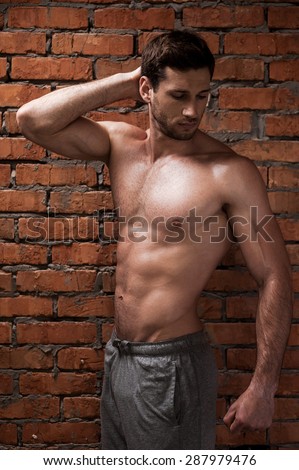 He is just perfect. Handsome young muscular man posing while standing against brick wall
