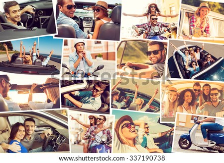On the wheels. Collage of diverse young people in the car or mopeds expressing positive emotions while riding
