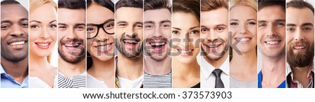 Cheerful smile. Collage of diverse multi-ethnic young people expressing positive emotions and smiling