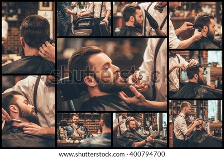 Barber at work. Collage of handsome bearded man getting haircut and beard grooming at barbershop