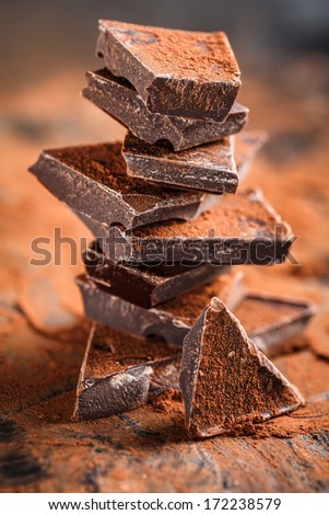stack of dark chocolate pieces and cocoa powder