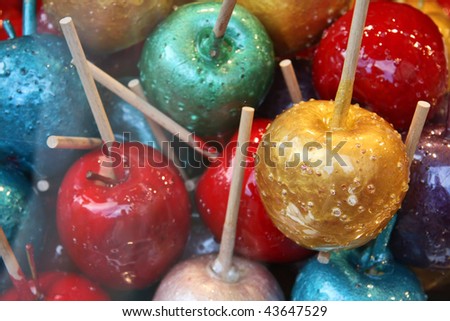 Assortment of candy apples behind a shop window, Munich, Germany