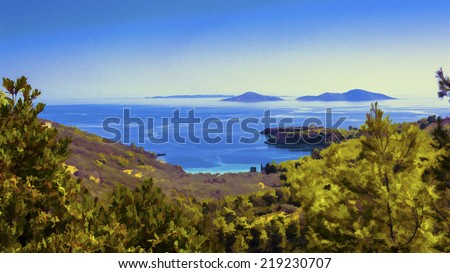 Bird\'s eye view of a bay in Alonissos - oil painting effect