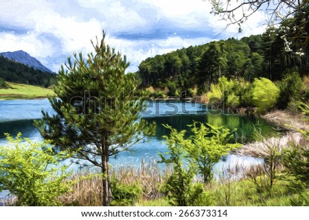 A blue lake under a cloudy sky - landscape. - Painting effect