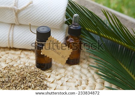 A bottle of fennel essential oil. Fennel grains in the background