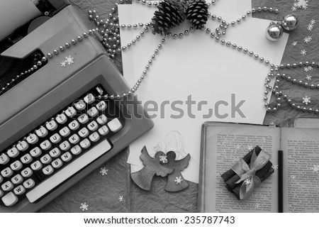 Winter holidays congratulations for writers, journalists,bloggers. Free space for a text. Background. Black and white