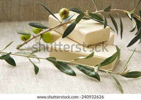 Soap bars with olive oil and olive tree twigs