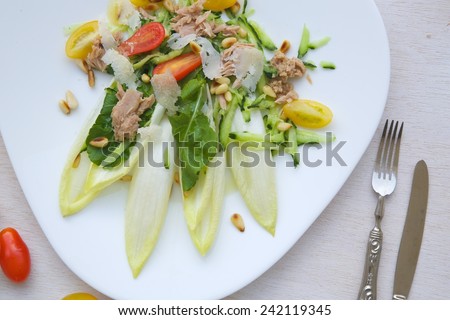 Vitamin winter salad: endive,rucola,tuna,cedar wood nuts,cherry tomatoes,parmesan cheese,cucumber. Background