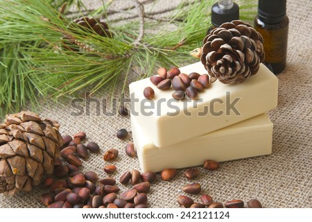 Pine tree oil soap. Pine nuts in the background.