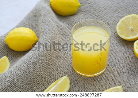 A glass of fresh lemon juice on a sackcloth. Fresh lemons in the background. Top view. Space for a text.