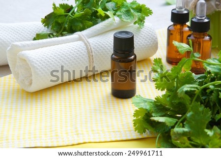 A dropper bottle of coriander essential oil. Coriander fresh leaves and white towels in the background.