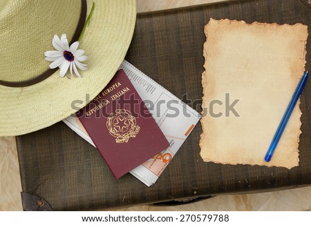Summer travel hat,flower,old suitcase,Italian passport,map and travel checklist with free space for a text.