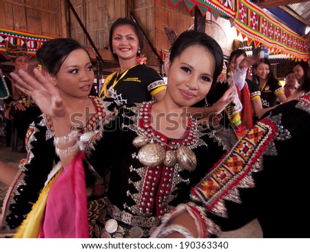 KOTA KINABALU, MALAYSIA - MAY 31 : Dancers in traditional Tindal costume perform during Harvest Festival celebration May 31, 2013 in Kota Kinabalu, Sabah, Malaysia.
