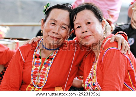 Kota Kinabalu, Sabah Malaysia.May 30, 2015 : Dusun Sungai Makiang ladies in their red traditional costumes during Pesta Kaamatan in Sabah Borneo. Dusun Sungai resides in Tongod, Telupid, sabah.