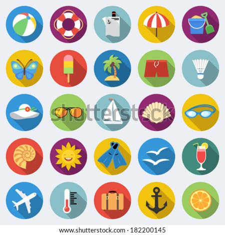 Set of long shadow summer rest icons. Traveling, tourism, vacation theme. Part 1