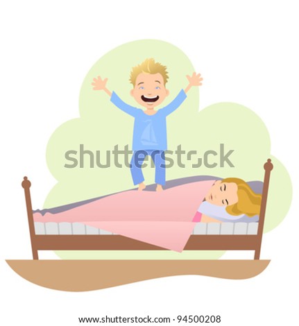 Little Boy Jumping On Bed Stock Vector 94500208 : Shutterstock