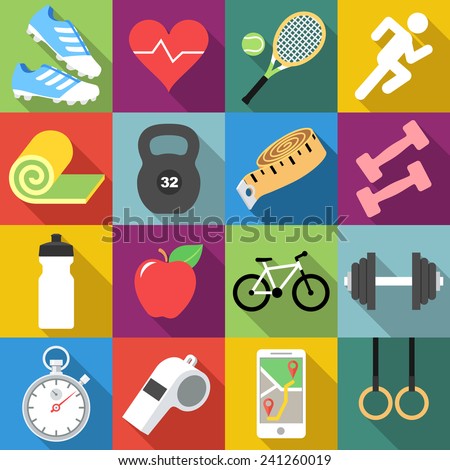 Set of fitness icons in flat design with long shadows