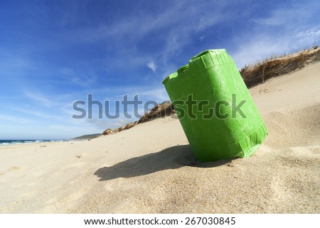 plastic container contamination in beach of  Coast of death , Razo , Galicia, Spain