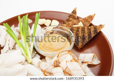 Plate with snack from bacon and croutons