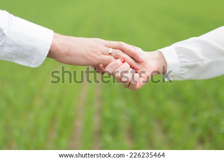 a pair of hands on a background of green grass
