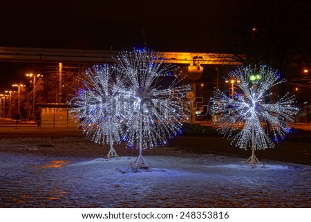 LED light decorations in Moscow at night