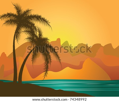 Palm trees against mountains and the sea. Vector