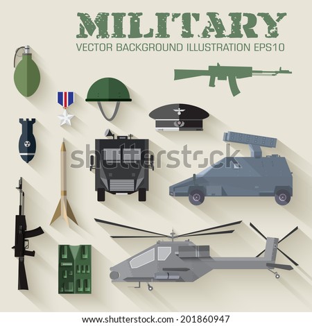 Army concept of military equipment flat icons background vector illustration design Army concept of military equipment flat icons background vector illustration design