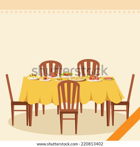 Flat vintage dinner table with many food background illustration concept